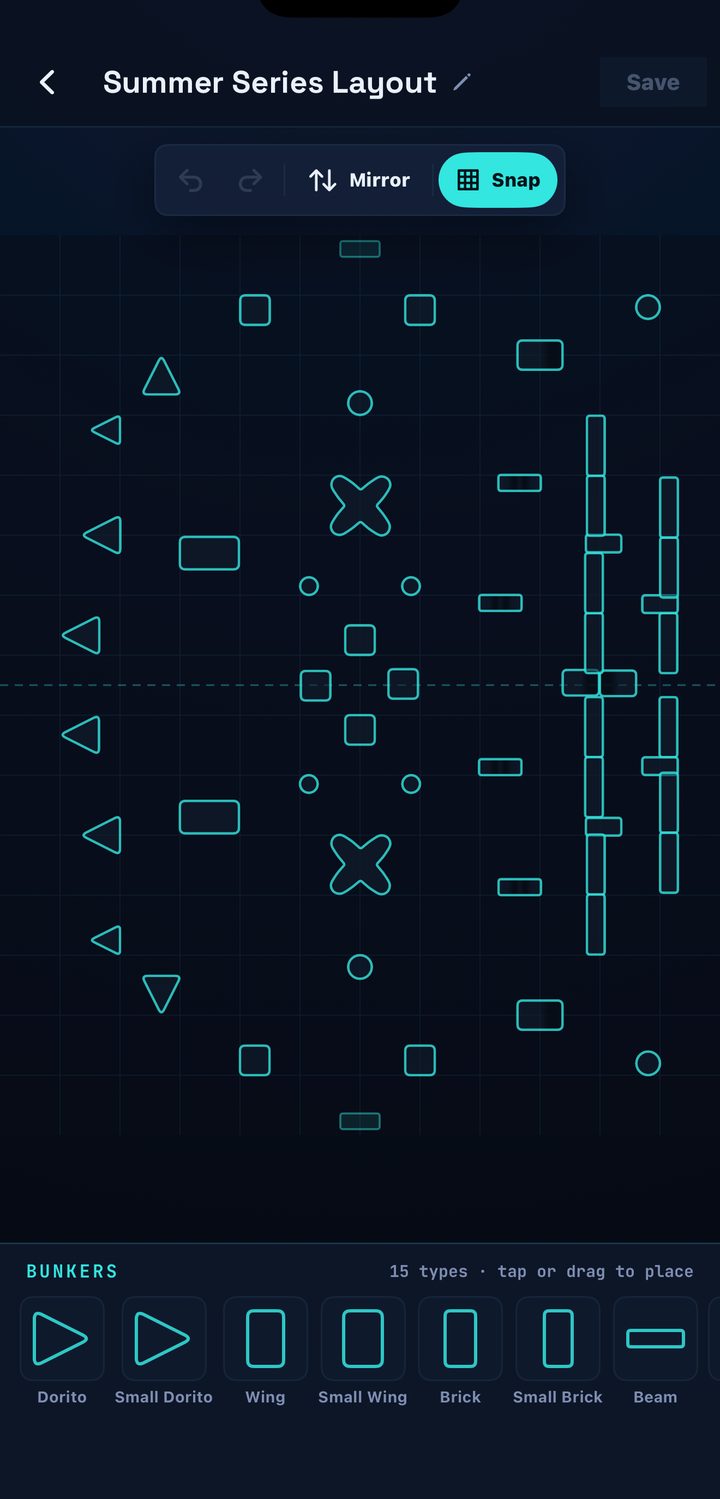 The field editor: a layout being built, with the bunker palette alongside the field.